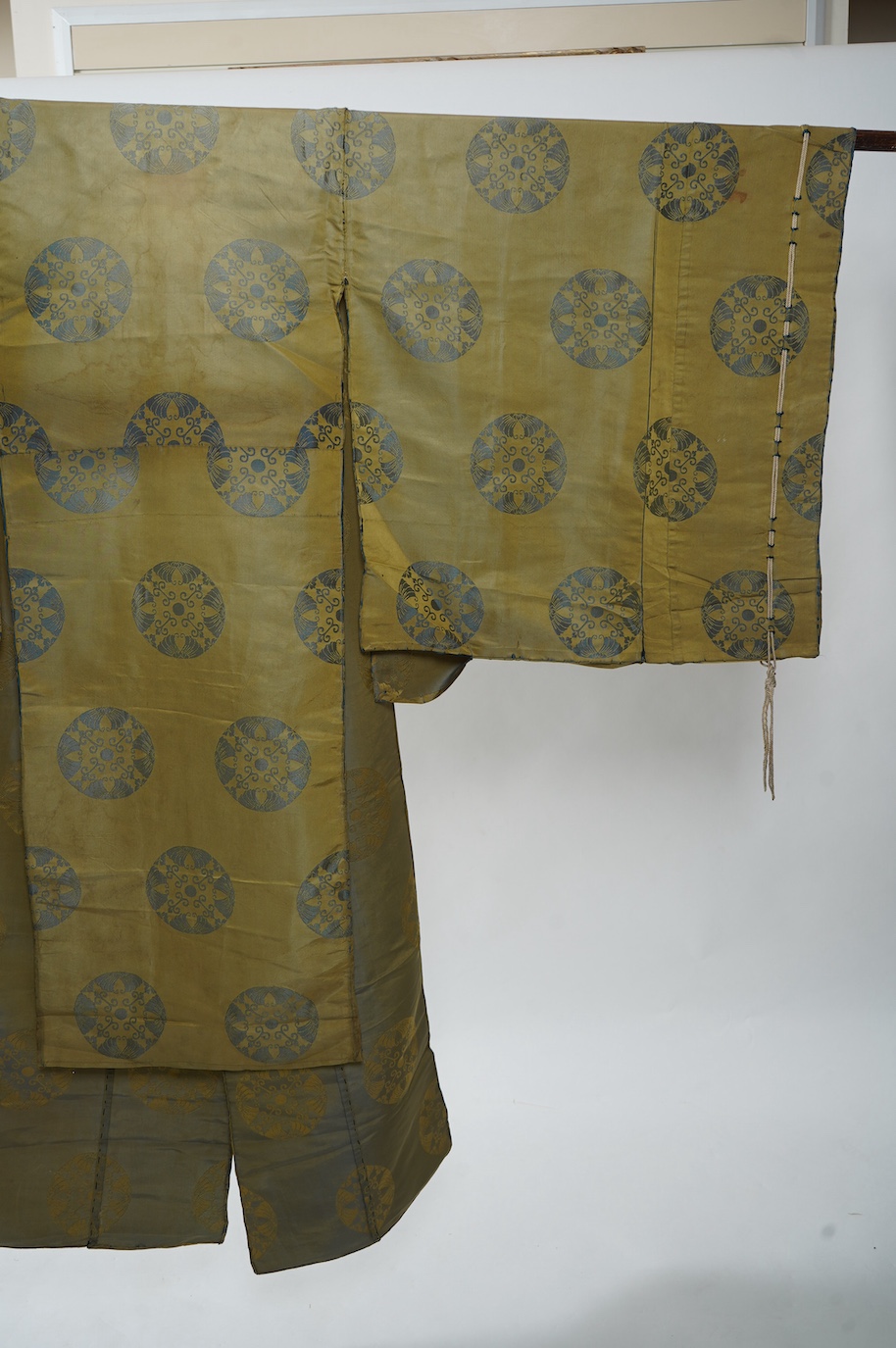 Two 1880-1920 Japanese green silk damask Kariginu, ‘hunting cloth’ robes, worn not as ‘hunting robes’ at this period, but as day wear for high ranking male Imperial Court nobles, traditionally worn with a sash at the wai